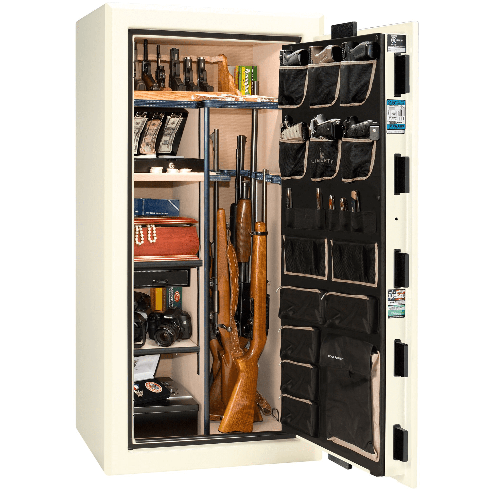 Presidential Series | Level 8 Security | 2.5 Hours Fire Protection | 25 | Dimensions: 60.5"(H) x 30.25"(W) x 24.75"(D*) | White Marble Black Chrome Hardware | Electronic Lock