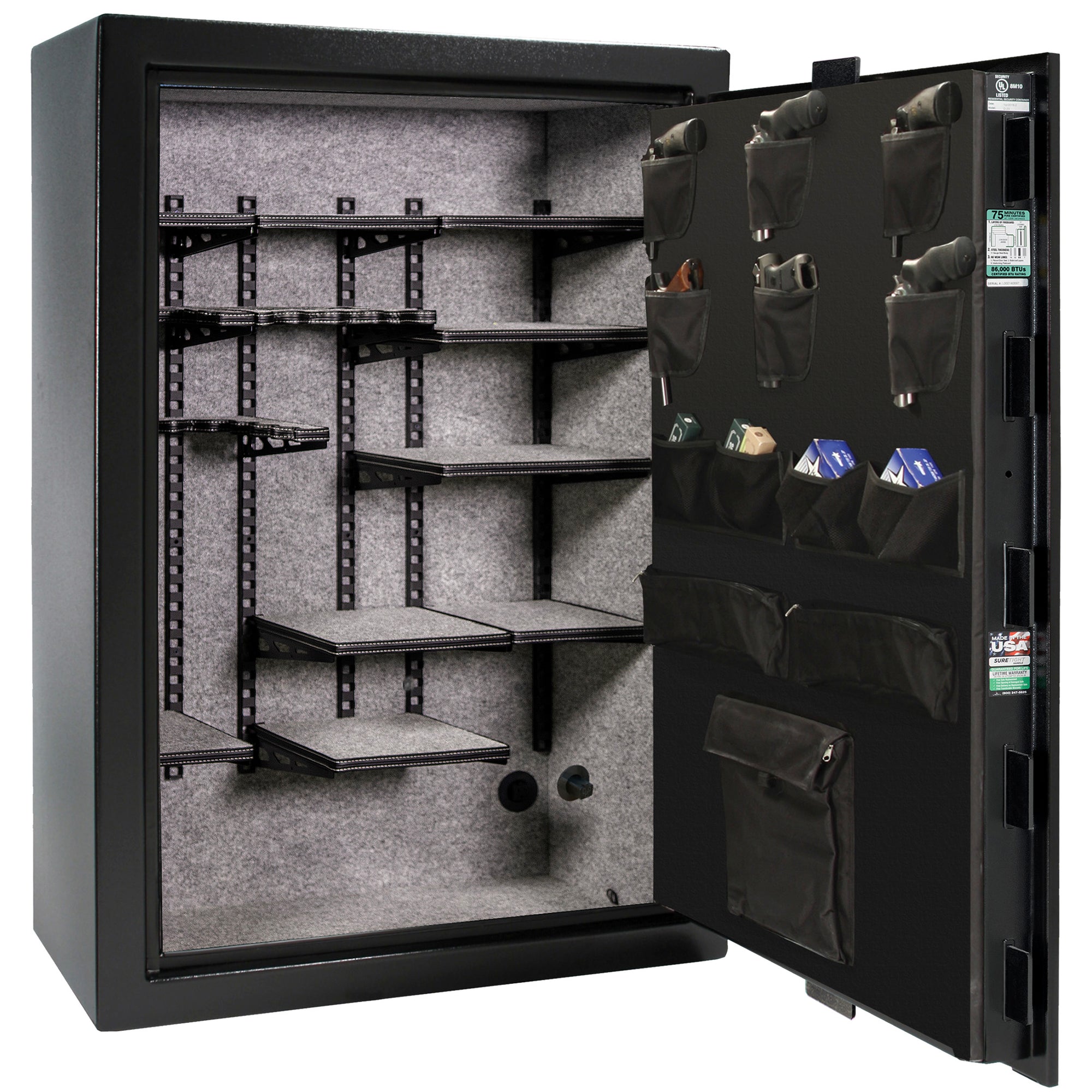 Colonial 35 | Pro Flex Interior | Level 4 Security | 75 Minute Fire Protection | Dimensions: 60.5"(H) x 42"(W) x 22"(D) | Up to 45 Long Guns | Black Textured | Mechanical Lock – Open