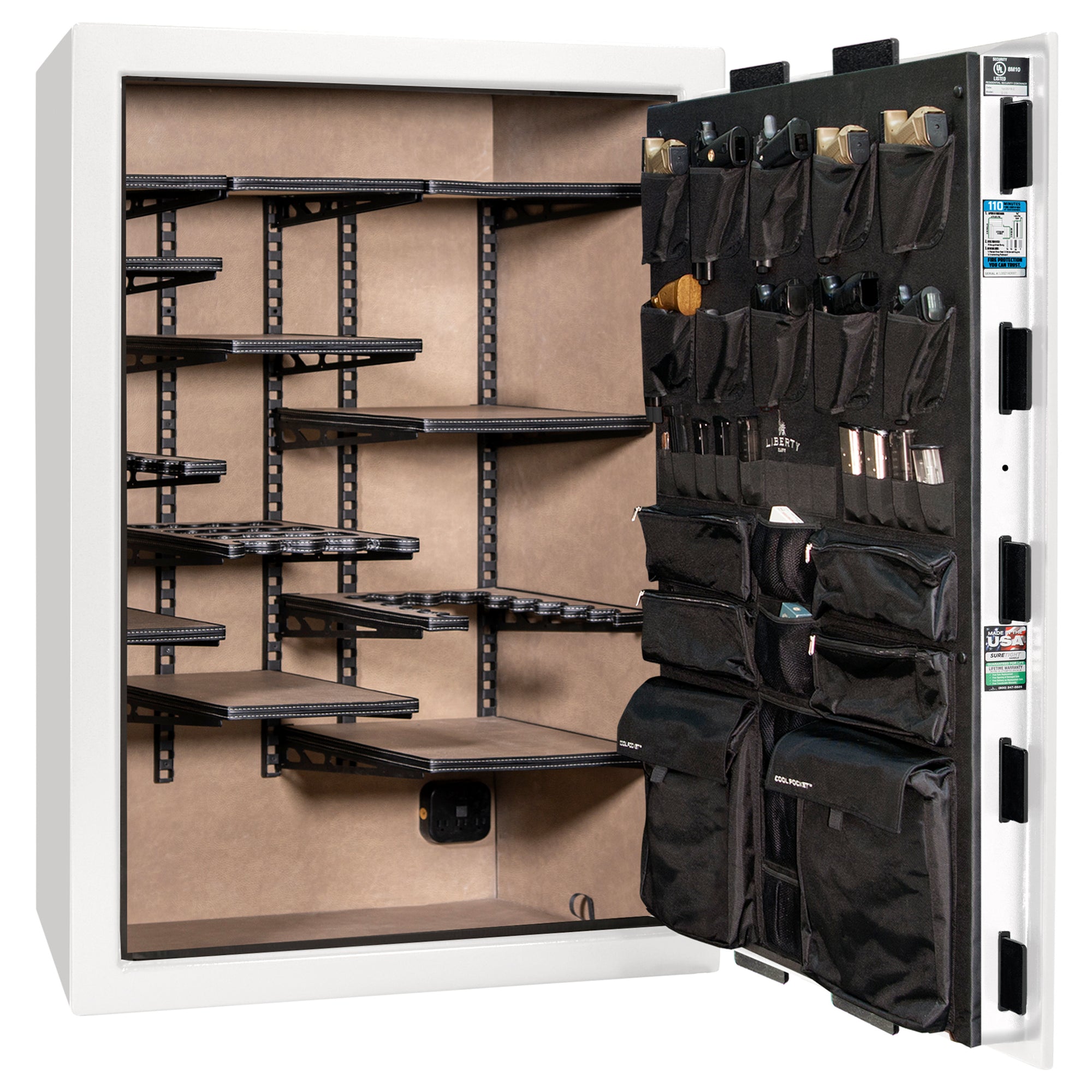 Franklin 45 | Pro Flex Interior | Level 5 Security | 110 Minute Fire Protection | Dimensions: 60.5"(H) x 42"(W) x 27.5"(D) | Up to 60 Long Guns | White Gloss Brass | Electronic Lock - Open
