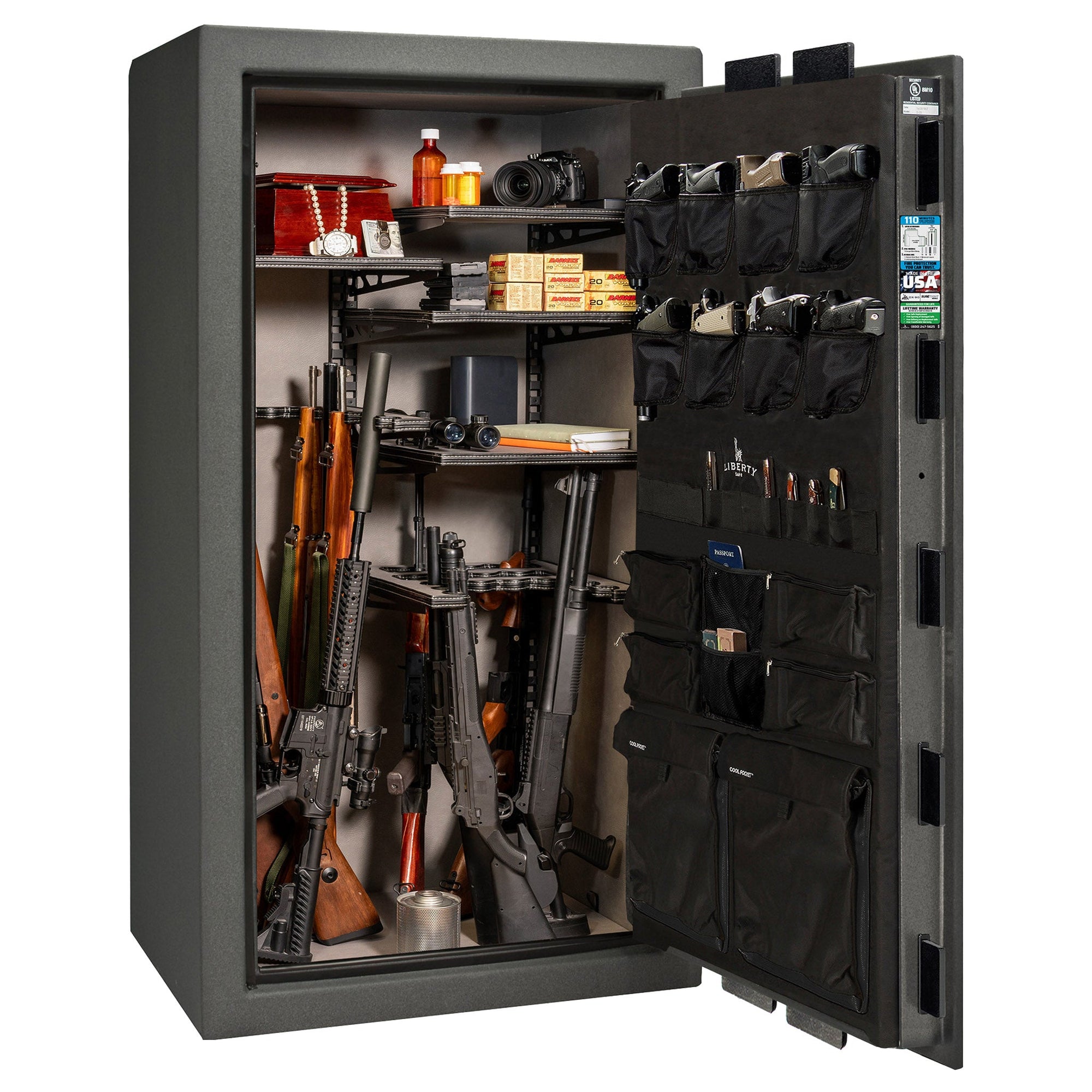 Franklin Series | Level 5 Security | 110 Minute Fire Protection | 40 | DIMENSIONS: 66.5"(H) X 36"(W) X 27.5"(D*) | Textured Granite | ProFlex Modular Shelving – Open Door