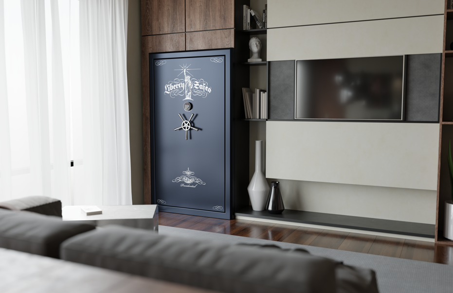 Liberty Safe Presidential gun safe in navy blue displayed in a modern living room next to a wall-mounted TV